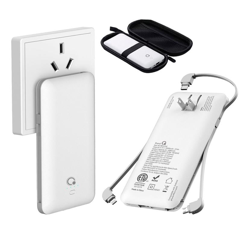 Portable Charger with Built-In Cables ,Slim USB C Power Back with AC Wall Plug, 10000Mah Travel Essentials External Battery Pack Compatible with Iphone,Samsung,Tablet and All Smart Phones(White) Charging Protection Cellphone Smartphone Electronic Adapter