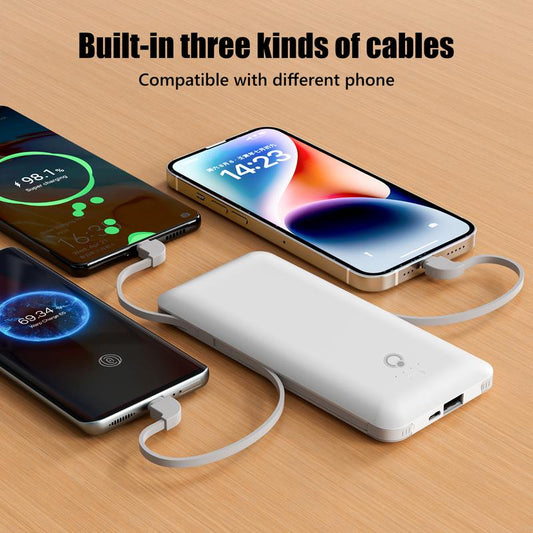 Portable Charger with Built-In Cables ,Slim USB C Power Back with AC Wall Plug, 10000Mah Travel Essentials External Battery Pack Compatible with Iphone,Samsung,Tablet and All Smart Phones(White) Charging Protection Cellphone Smartphone Electronic Adapter