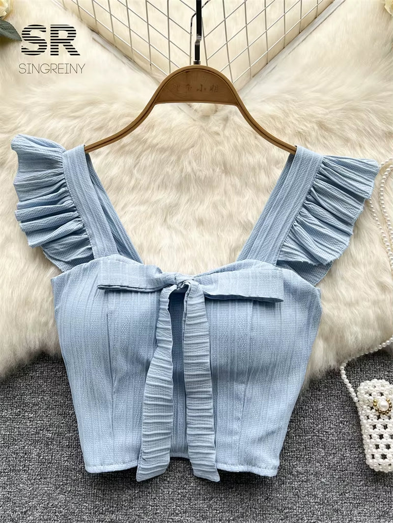Elevate Your Summer Wardrobe with Our Chic Ruffled Camisole Featuring a Stylish Square Neck and Adorable Bow - Perfect for Casual Outings!