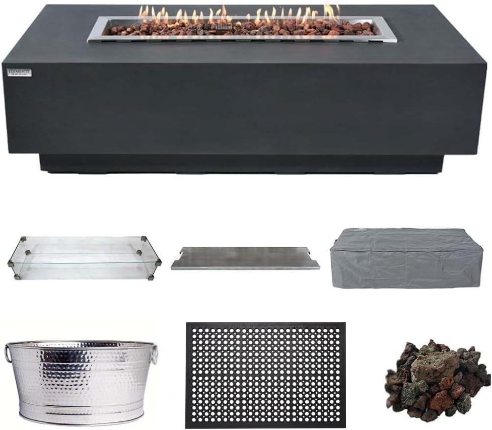 Granville 60" Modern Cast Concrete Fire Table - 45,000 BTU Natural Gas Fire Pit with Decorative Lava Rocks for Ultimate Outdoor Ambiance
