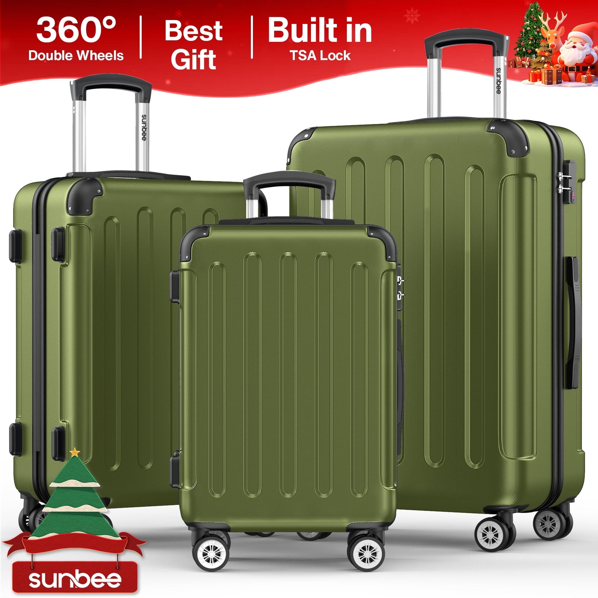 3 Piece Luggage Sets Hardshell Lightweight Suitcase with TSA Lock Spinner Wheels, Olive Green