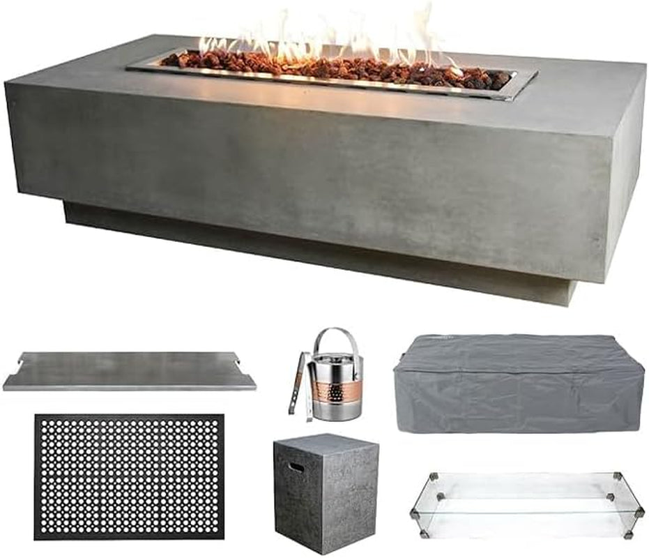 Granville 60" Modern Cast Concrete Fire Table - 45,000 BTU Natural Gas Fire Pit with Decorative Lava Rocks for Ultimate Outdoor Ambiance