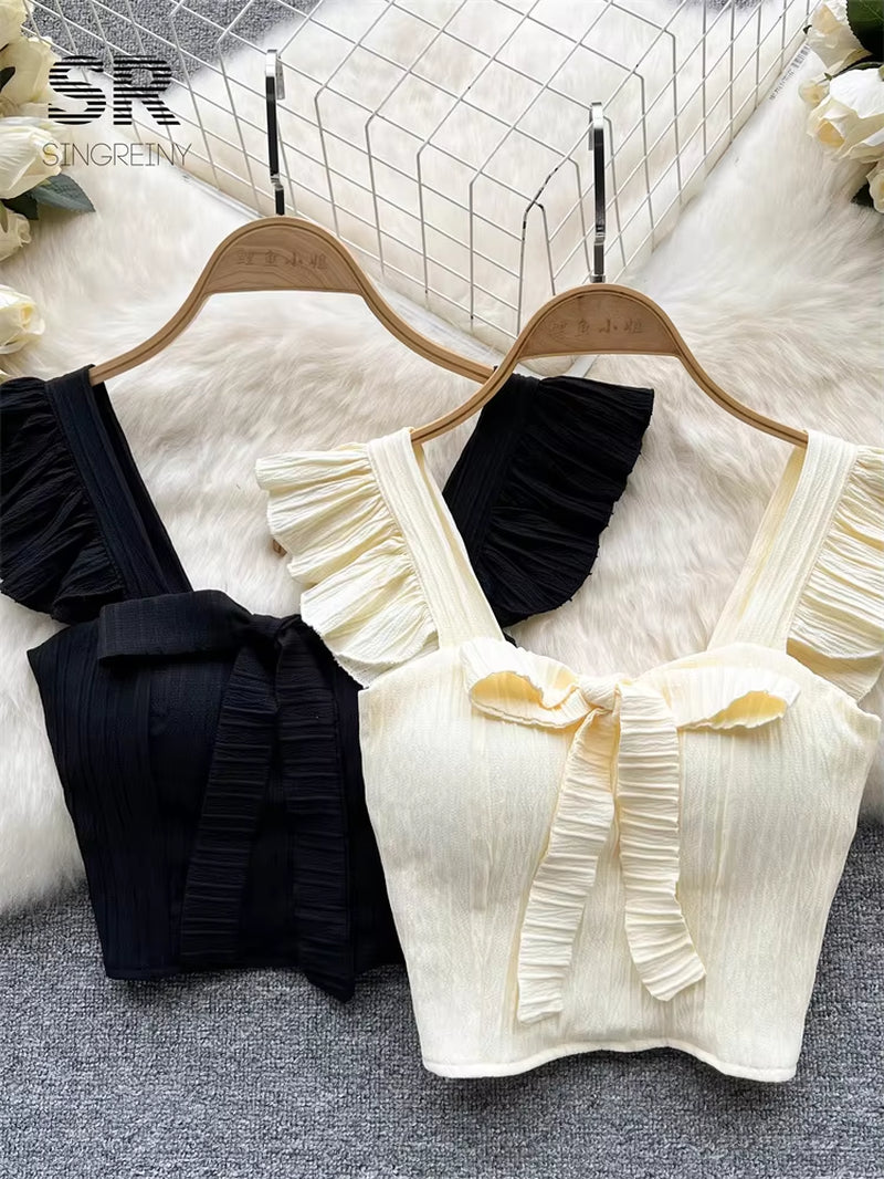 Elevate Your Summer Wardrobe with Our Chic Ruffled Camisole Featuring a Stylish Square Neck and Adorable Bow - Perfect for Casual Outings!