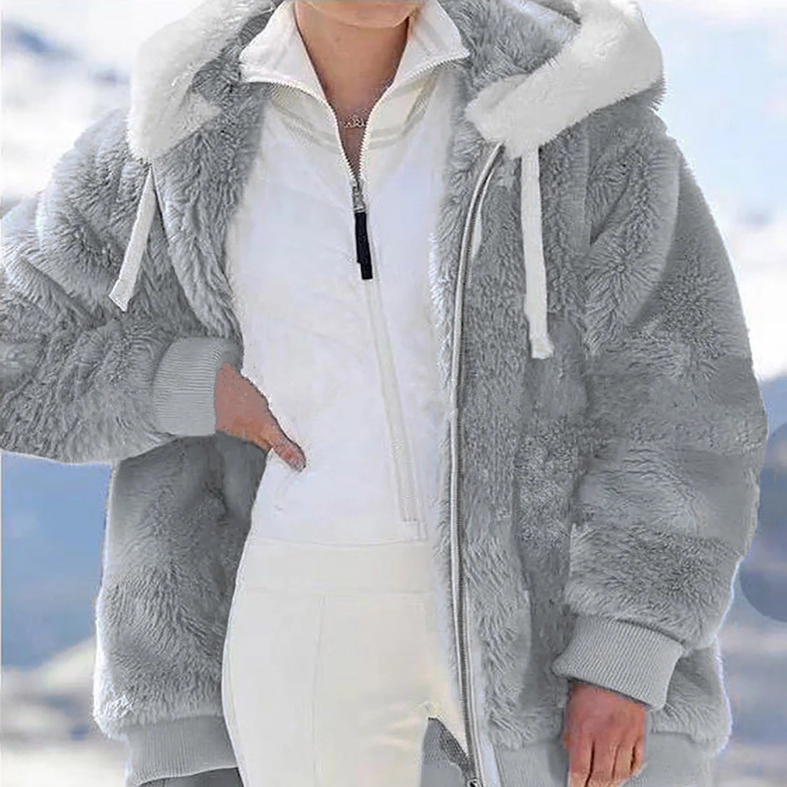 Christmas Deals 50% off Clear! Winter Long Coats for Women plus Size Winter Warm Loose Plush Zip Hooded Jacket Coat Gifts Christmas Gift