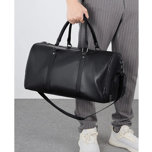 Men's Travel Handbag Casual Tote Bag PU Leather Male Gym Boston Shoes Pocket Fitness Luggage Duffle Shoulder Sports Side Bag