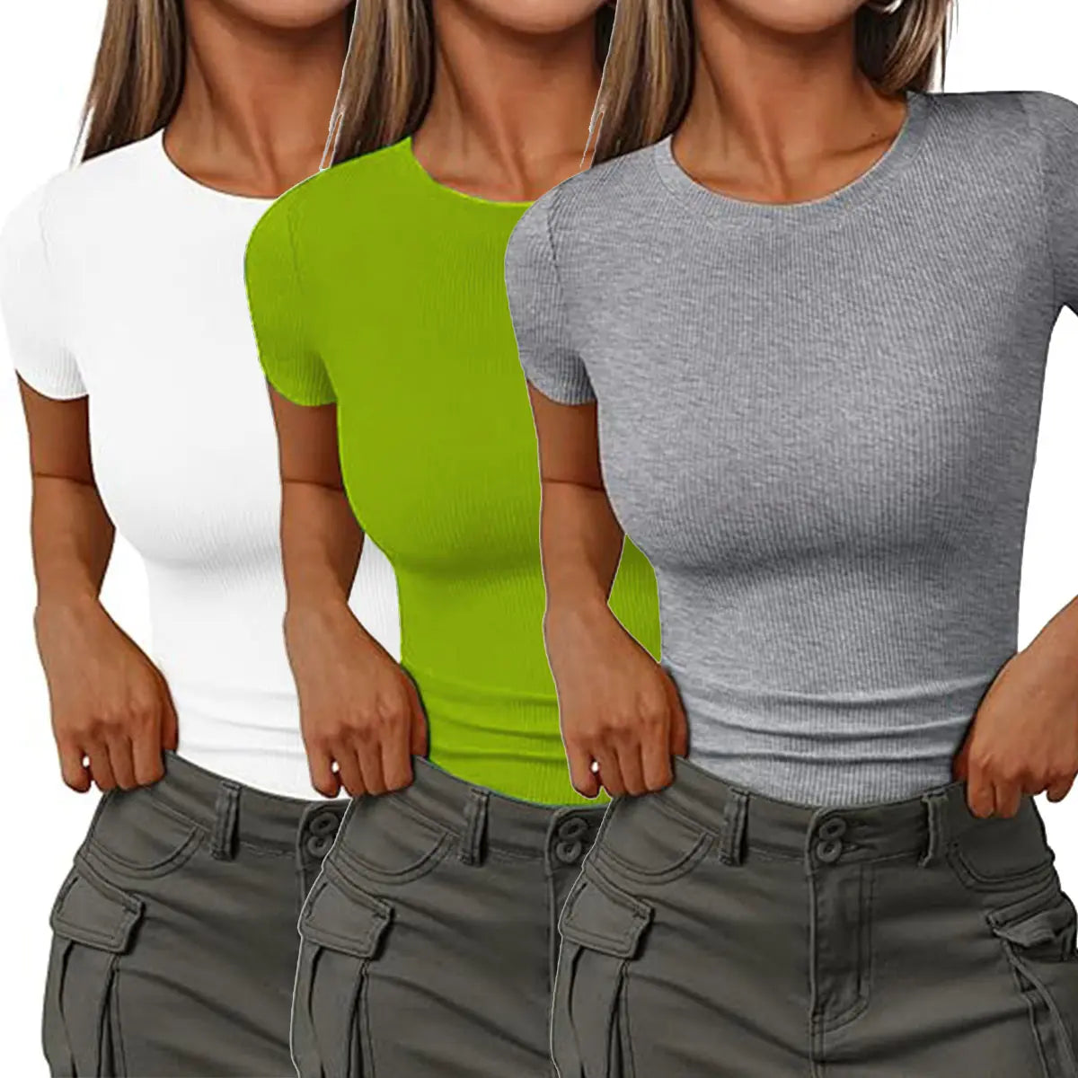 3 Pack Womens Short Sleeve Slim Fit Shirts Tops Blouses Fall Fashion Outfits Clothes