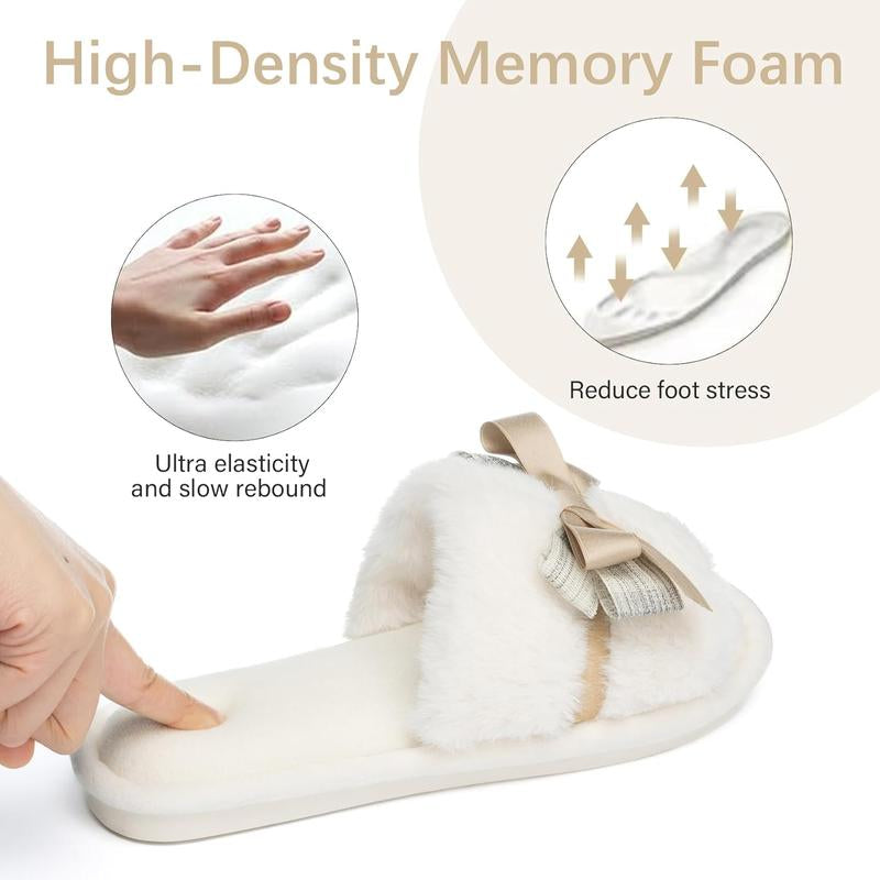 Cute Bow Slippers for Women with Memory Foam Open Toe Fuzzy House Slippers Indoor Outdoor Anti-Skid Soft Birthday Gifts for Women Mom