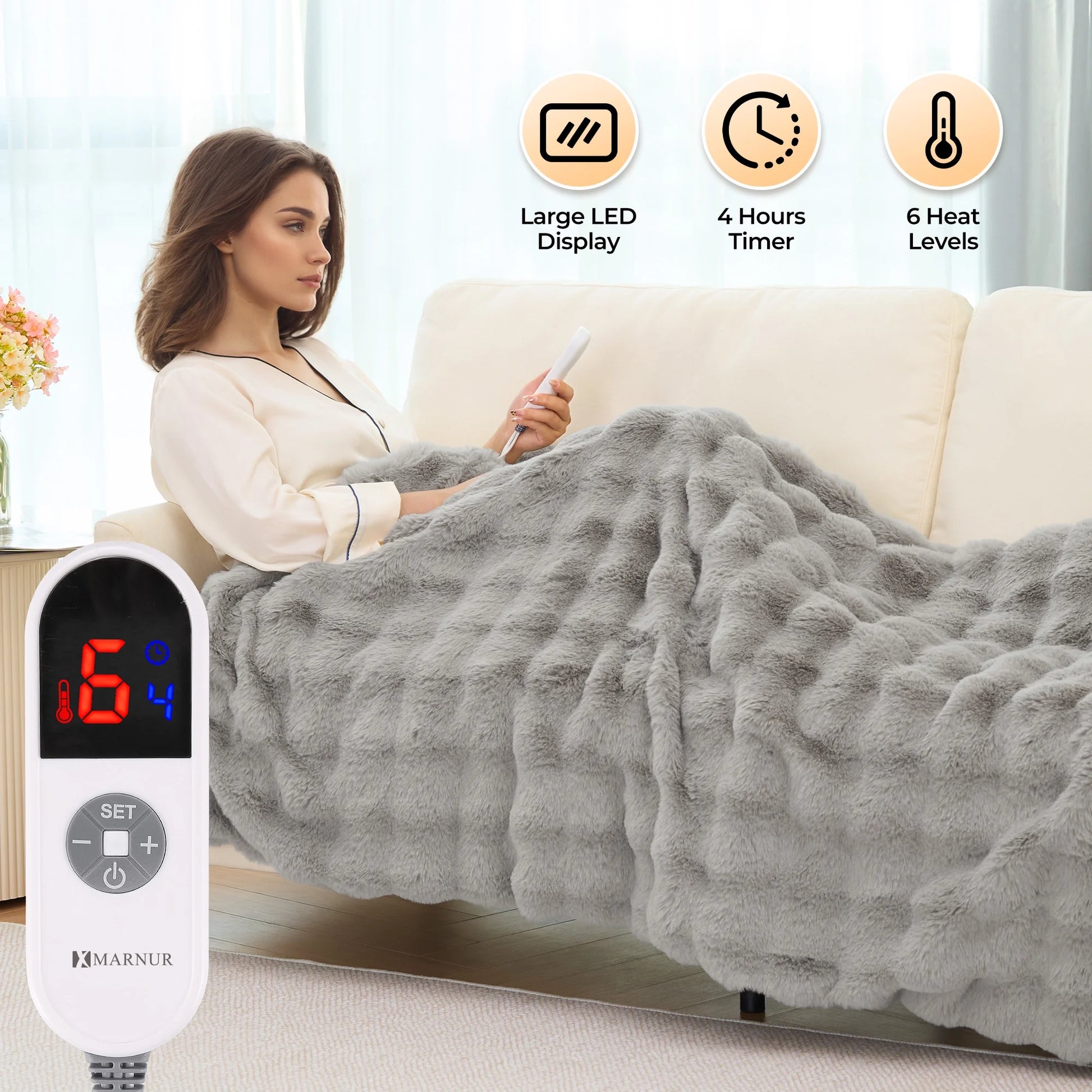 Electric Throw Blanket 50"X60", Faux Fur Heated Throw, 6 Heating Levels, 4 Hours Timer, Gray - Kiki of DC Styles Store