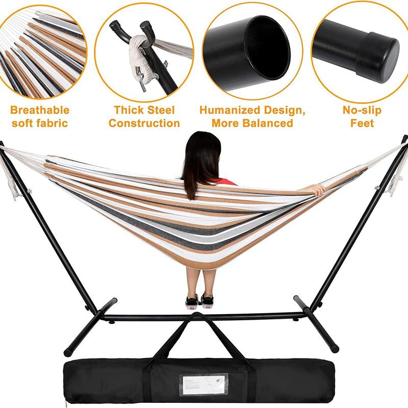 Double Hammock Set with Steel Stand,Brazilian Style Double Hammock Set with Steel Stand 450Lb Capacity Steel Stand, Premium Carry Bag Included, for Backyard, Camping,Garden Double Hammock Canvas Outdoor Patio,Heavy Duty Portable Hammock Stand - Kiki of DC Styles Store