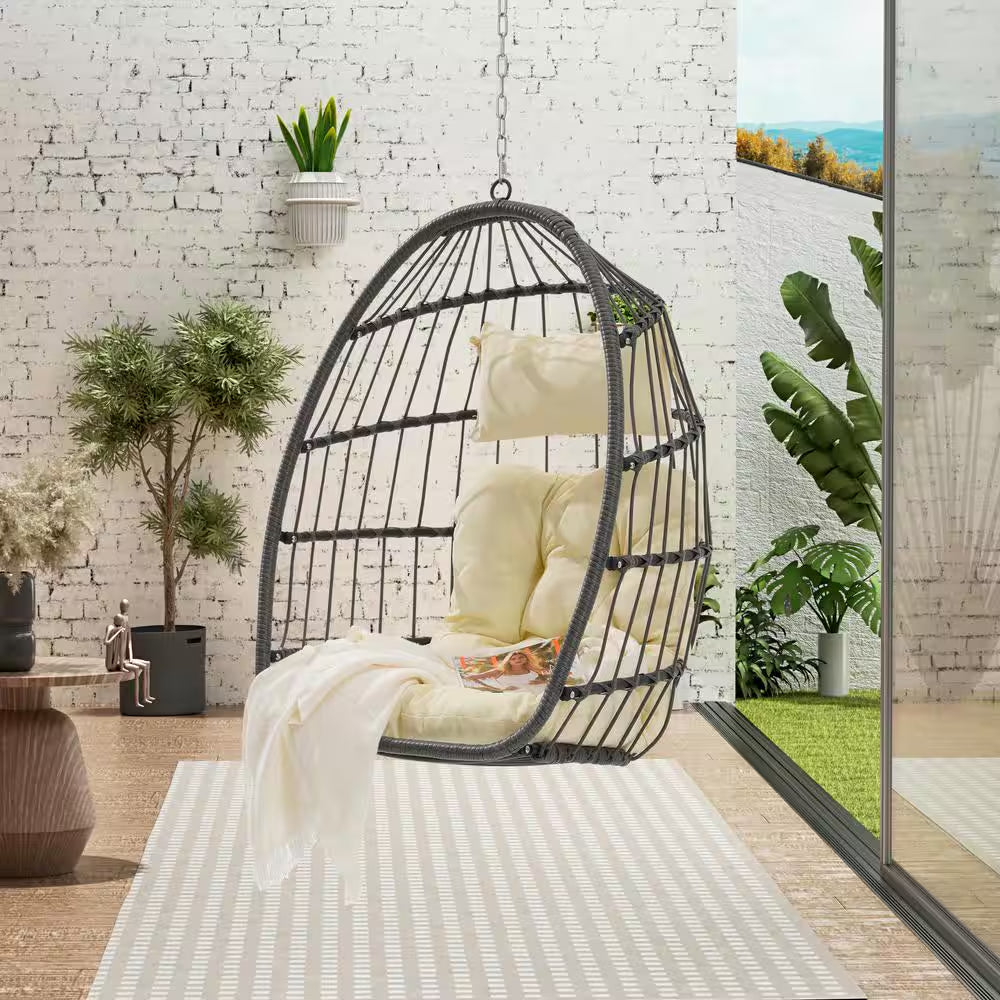 Modern Outdoor Garden Wood Rattan Egg Swing Chair Hanging Chair Porch Swing with Beige Cushion - Kiki of DC Styles Store