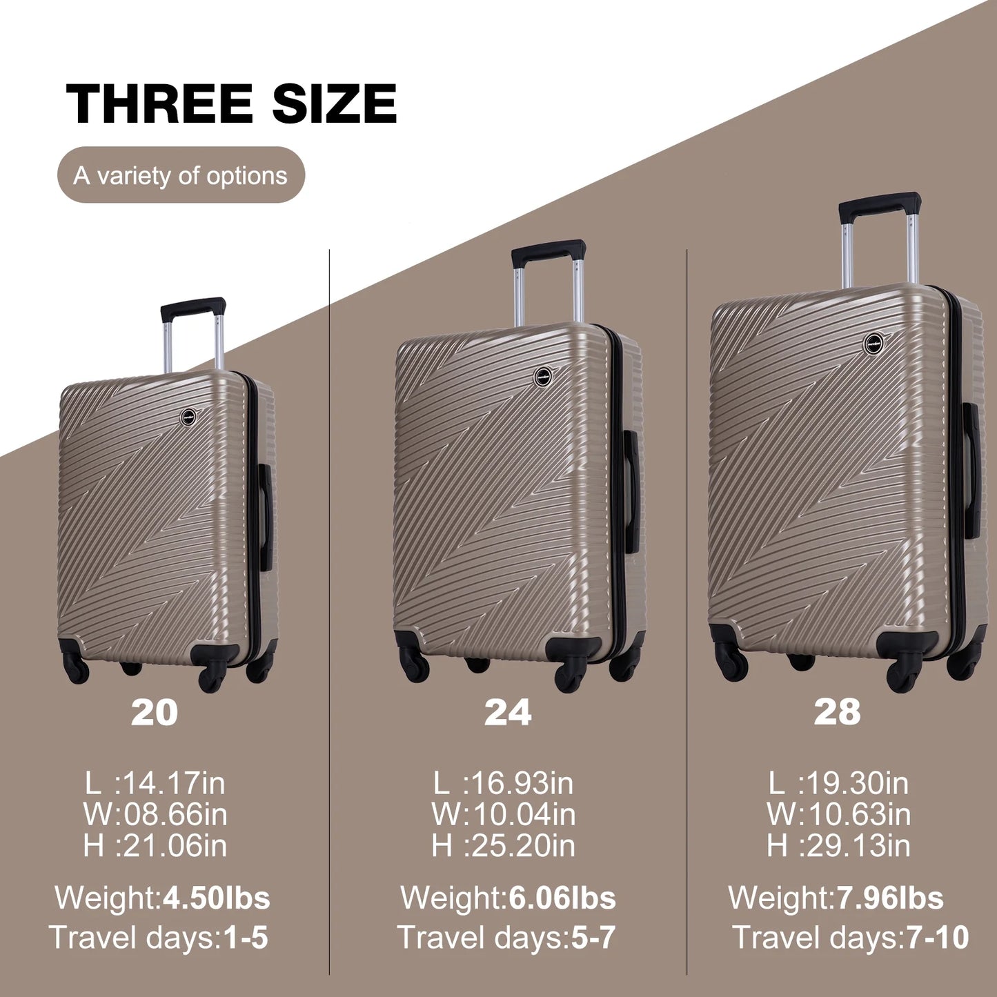 Luggage 3 Piece Set,Suitcase with Spinner Wheels Hardside Lightweight Luggage 20In24In28In.(Golden)