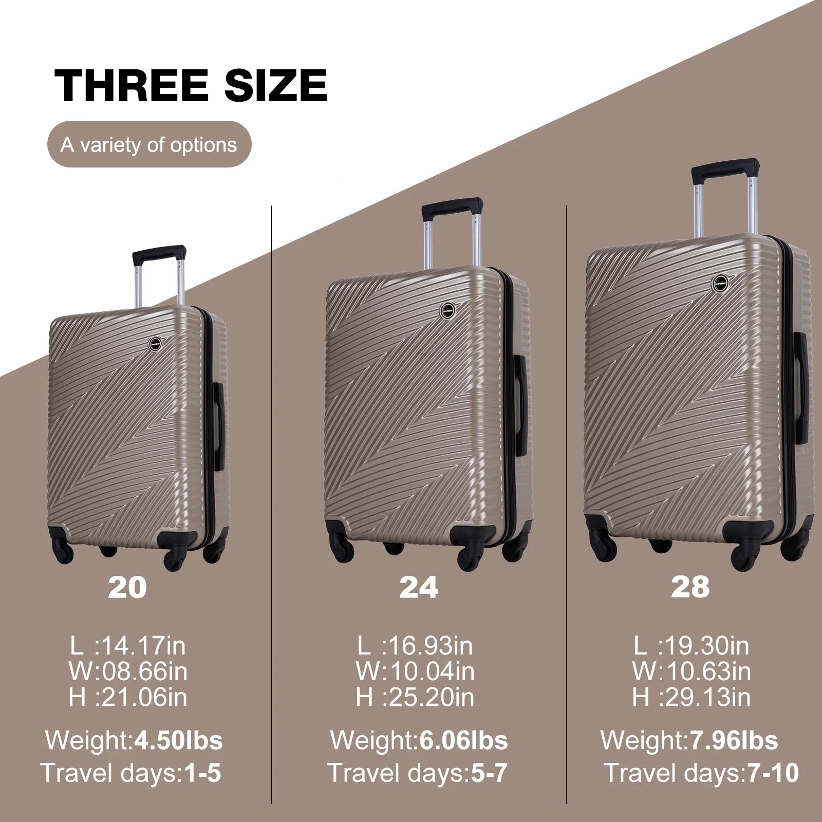Luggage 3 Piece Set,Suitcase with Spinner Wheels Hardside Lightweight Luggage 20In24In28In.(Golden)