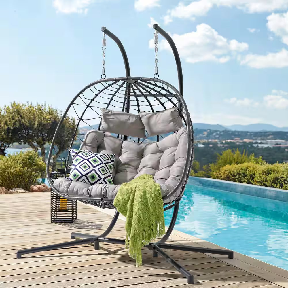 Wicker Grey Indoor Outdoor 2-Person Double Porch Swing Egg Chair with Grey Cushions - Kiki of DC Styles Store