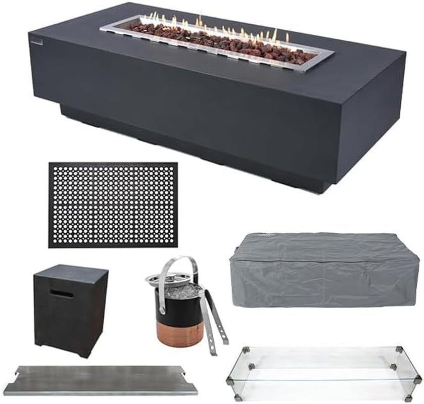 Granville 60" Modern Cast Concrete Fire Table - 45,000 BTU Natural Gas Fire Pit with Decorative Lava Rocks for Ultimate Outdoor Ambiance