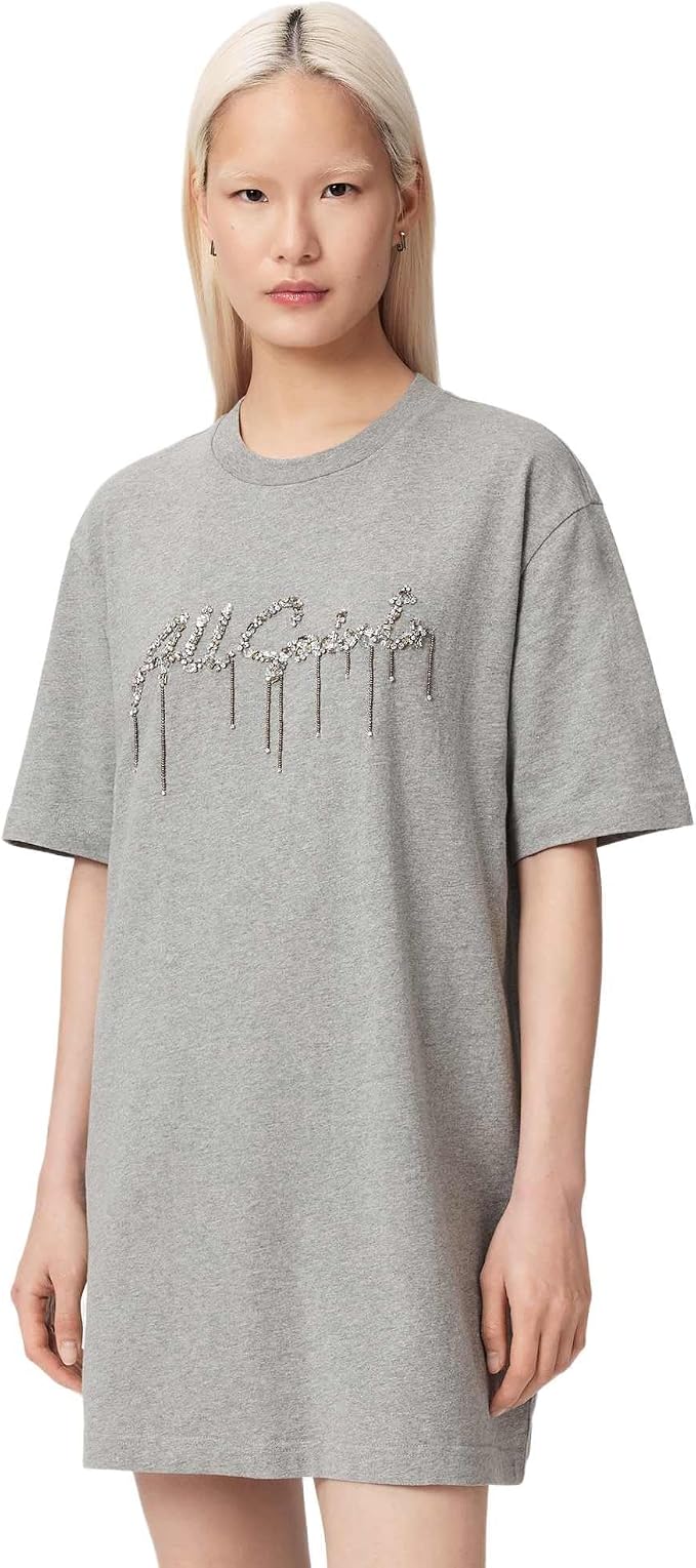 AllSaints Women's Chains Tee Dress – Grey Melange Cotton Short Sleeve Dress AllSaints