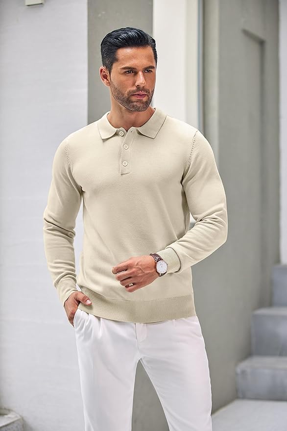 COOFANDY Long Sleeve Polo Shirts for Men Knit Polo Sweater Lightweight Ribbed Pullover Sweater Kiki of DC Styles Store
