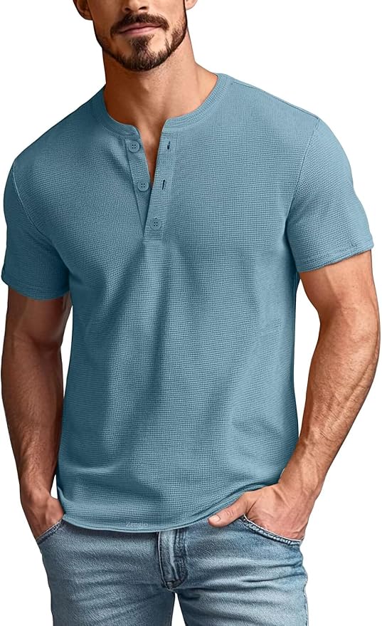 Zengjo Men's Waffle Knit Short Sleeve Henley Shirt – Light Blue Regular Fit 3-Button Tee Kiki of DC Styles Store