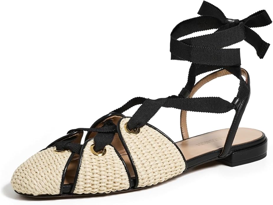 Ulla Johnson Women's Artemis Eyelet Flat Sandals - Woven Raffia Luxe Flats Larroudé