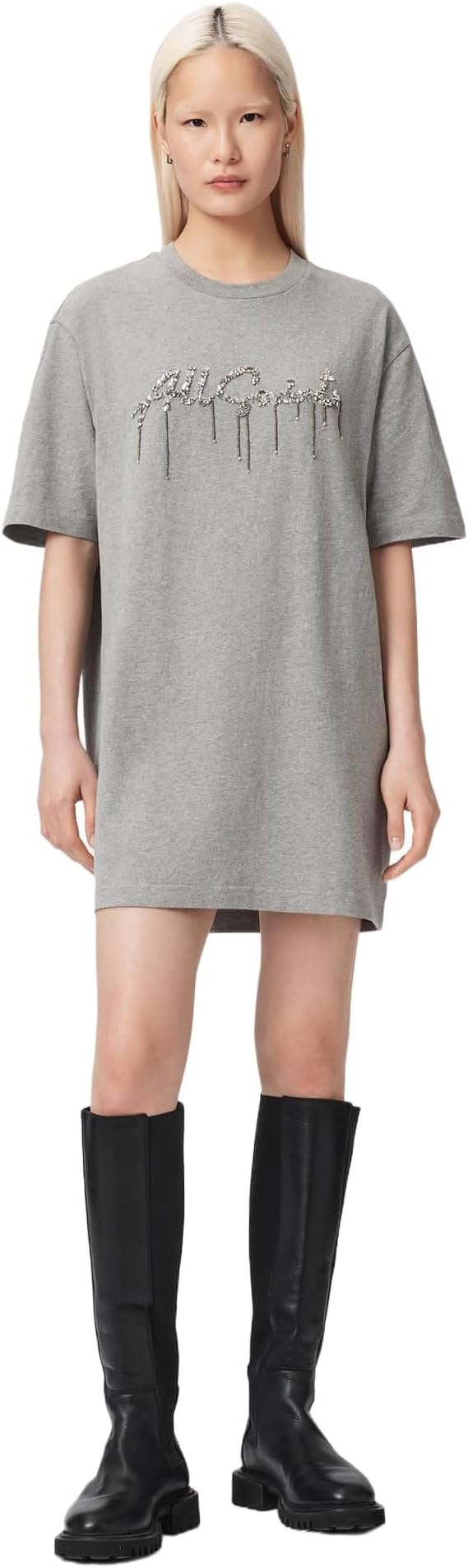 AllSaints Women's Chains Tee Dress – Grey Melange Cotton Short Sleeve Dress AllSaints