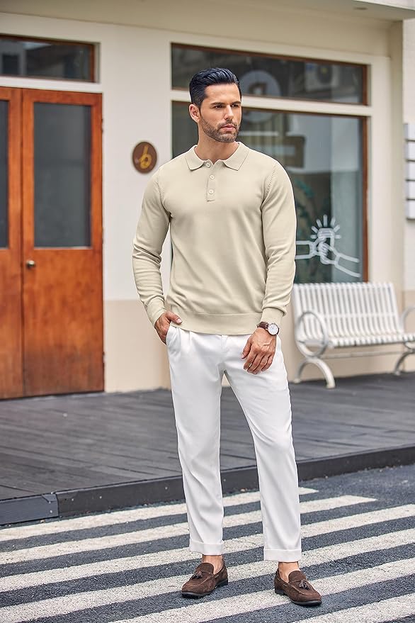 COOFANDY Long Sleeve Polo Shirts for Men Knit Polo Sweater Lightweight Ribbed Pullover Sweater Kiki of DC Styles Store