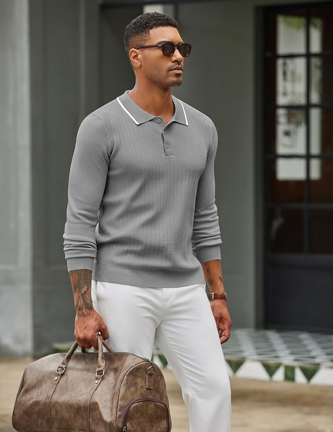 COOFANDY Long Sleeve Polo Shirts for Men Knit Polo Sweater Lightweight Ribbed Pullover Sweater Kiki of DC Styles Store