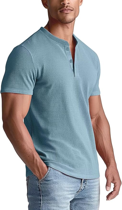 Zengjo Men's Waffle Knit Short Sleeve Henley Shirt – Light Blue Regular Fit 3-Button Tee Kiki of DC Styles Store