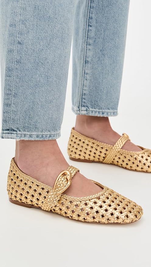 Larroudé Women's Verona Woven Macrame Gold Metallic Leather Mary Jane Flats Kiki of DC Styles Store