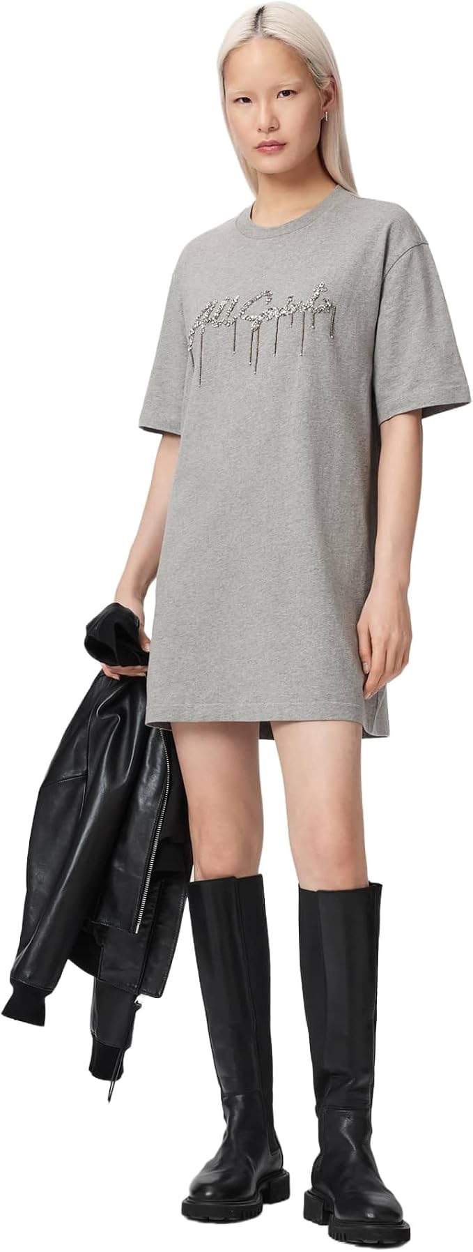 AllSaints Women's Chains Tee Dress – Grey Melange Cotton Short Sleeve Dress AllSaints