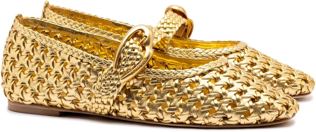 Larroudé Women's Verona Woven Macrame Gold Metallic Leather Mary Jane Flats Kiki of DC Styles Store