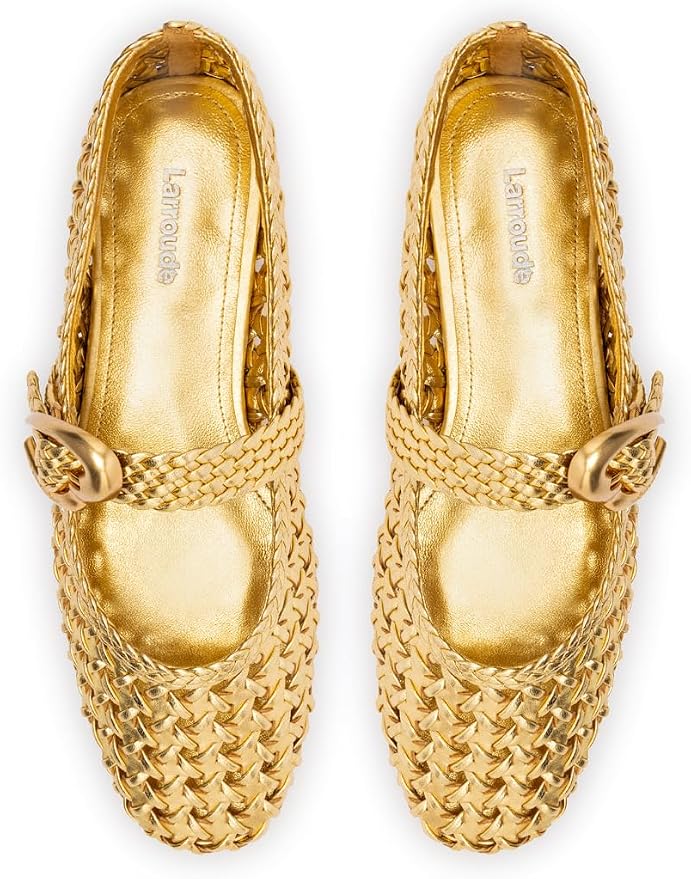 Larroudé Women's Verona Woven Macrame Gold Metallic Leather Mary Jane Flats Kiki of DC Styles Store