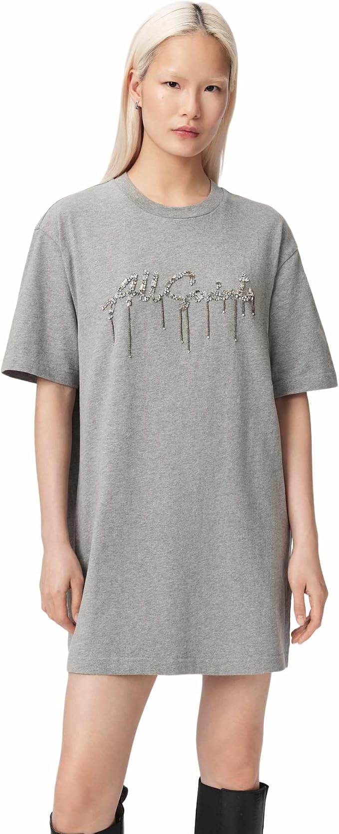 AllSaints Women's Chains Tee Dress – Grey Melange Cotton Short Sleeve Dress AllSaints